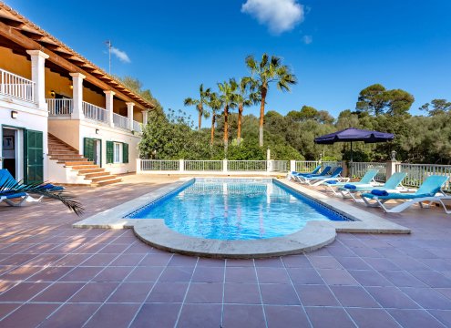 Blick auf die große Terrasse des Anwesens mit Swimmingpool, umgeben von Natur