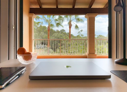 Blick vom Arbeitsplatz über den Balkon ins Grüne