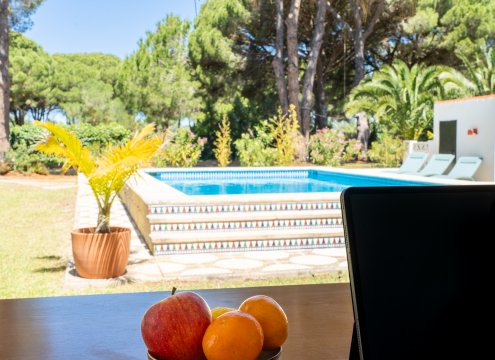 Remote-Arbeiten an der frischen Luft mit herrlichem Blick auf den Pool und Vögelzwitschern